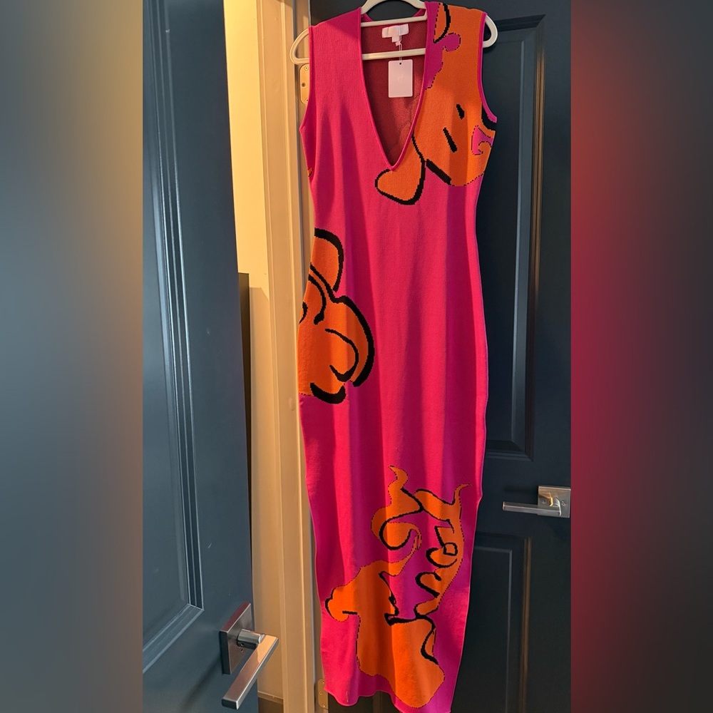 Hanifa Pink and Orange Sheath Dress V-Neck Sleeveless